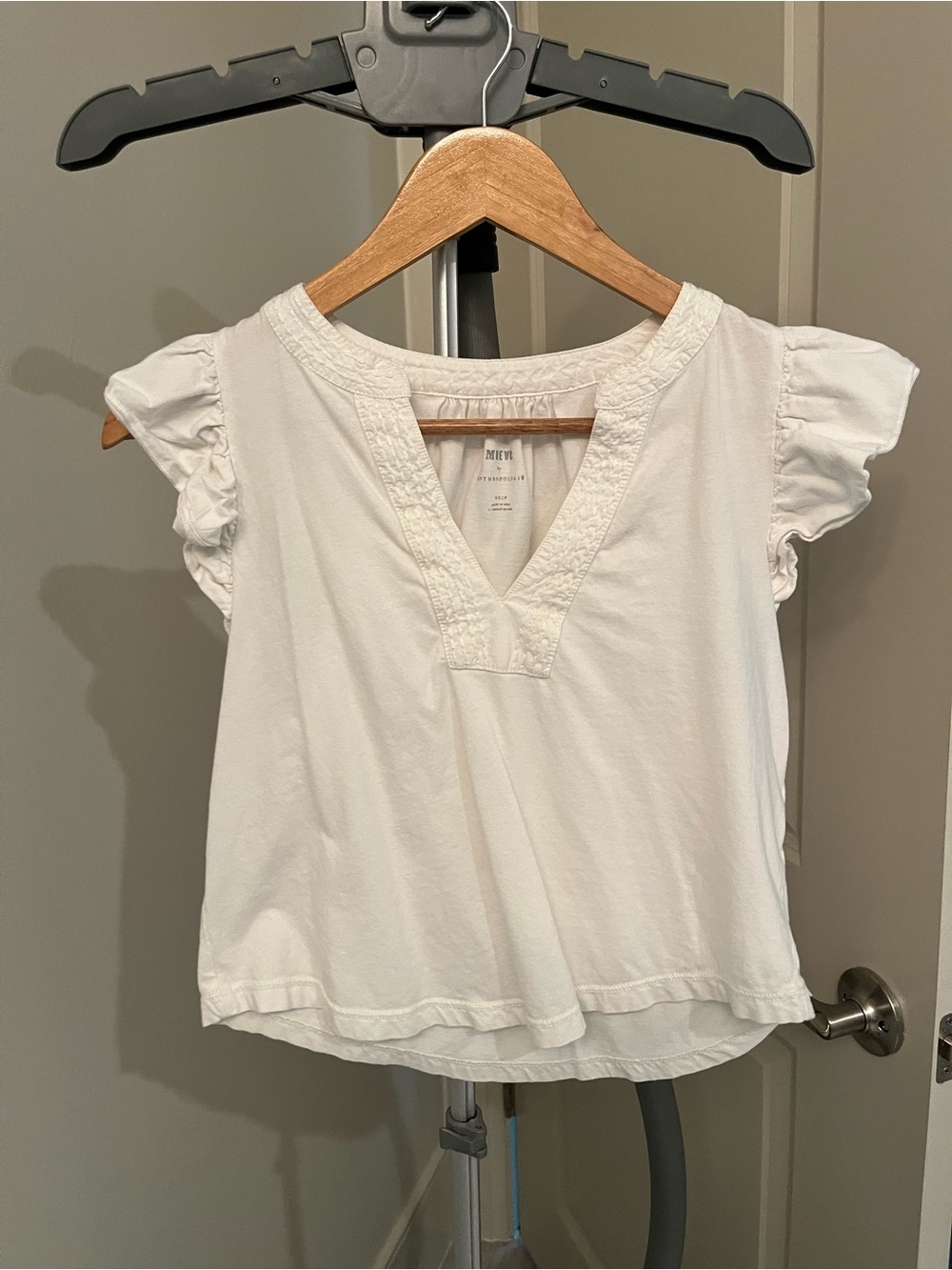 Anthropologie Maeve White Short Sleeve V-Neck Cotton Top with Ruffle Sleeves